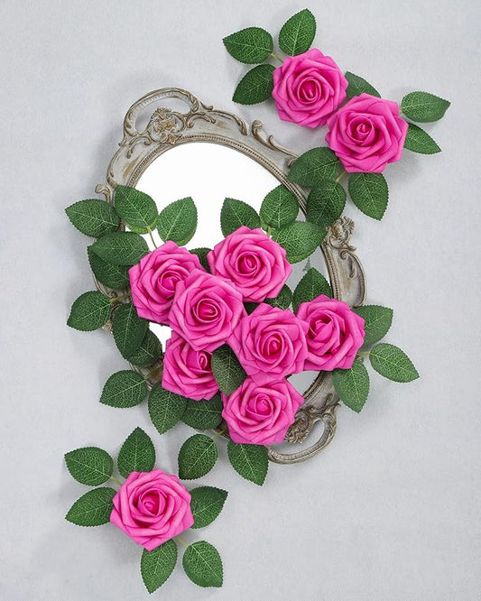 DuHouse 25Pcs Artificial Roses Flowers Fake Roses with Stems Real Touch Foam Flowers for DIY Wedding Bouquet Baby Shower Centerpiece Floral Arrangement Party Home Decor (Hot Pink)