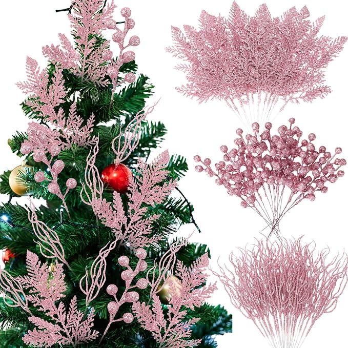 75 Pcs Christmas Glitter Branches 3 Styles Artificial Christmas Picks Berries Stems Pine Needles Floral Twig Spray for Xmas Tree Ornaments DIY Wreath Garland(Pink)