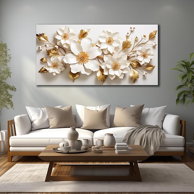 JuhaiArt Large Floral Wall Decor 3D Flower White Wall Art Elegant Gold Canvas Decor for Bedroom Living Room Office Picture Artwork 29" x 59"