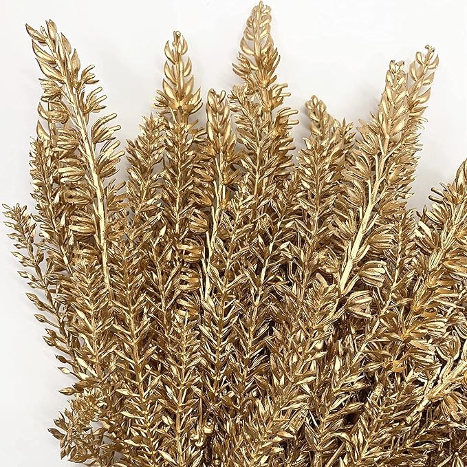 CATTREE Christmas Fake Plants, Artificial Plastic Grass Golden Shrubs Faux Lavender Leaves Simulation Bushes Home Indoor Wedding Decoration Hall Table Planter Filler Decoration - Gold 3 Pack