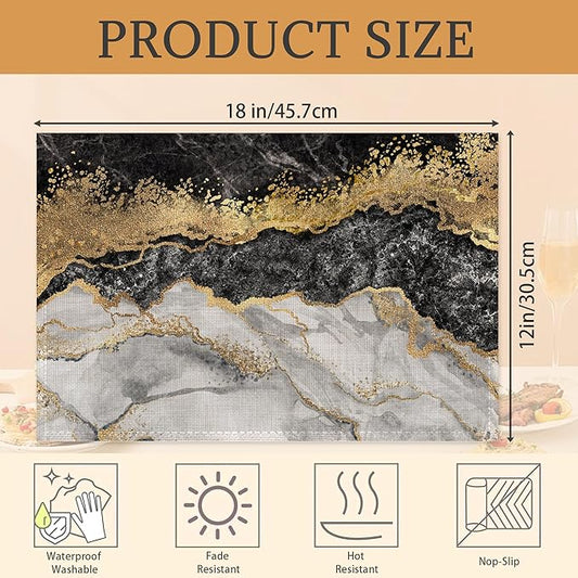 Black Gold Marble Placemats Set of 6 Washable Table Mats for Kitchen Dining Table,Heat-Resistant Place Mats for Indoor Outdoor Party Holiday Decoration