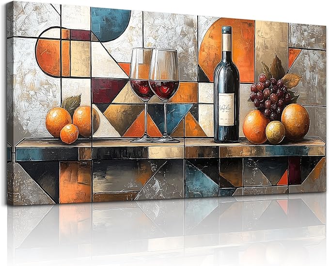 hyidecorart Wine Glass Fruit Painting Still Life Large Canvas Wall Art For Kitchen Wall Decor For Living Room Dining Room Decorations Geometry Abstract Picture Artwork Bar Posters Home Decor 24"x48"