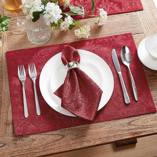 Elrene Home Fashions Caiden Elegance Damask Waterproof, Stain & Wrinkle Resistant Fabric Placemats (Set of 4), 13" x 19", Red