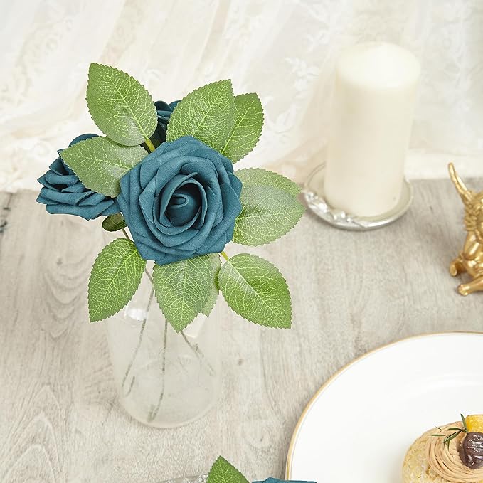Artificial Flowers, 50pcs Artificial Rose for DIY Wedding Bouquets Centerpieces Arrangements, Dark Teal Fake Rose with Stems for Birthday Bridal Shower Graduation Events Decoration