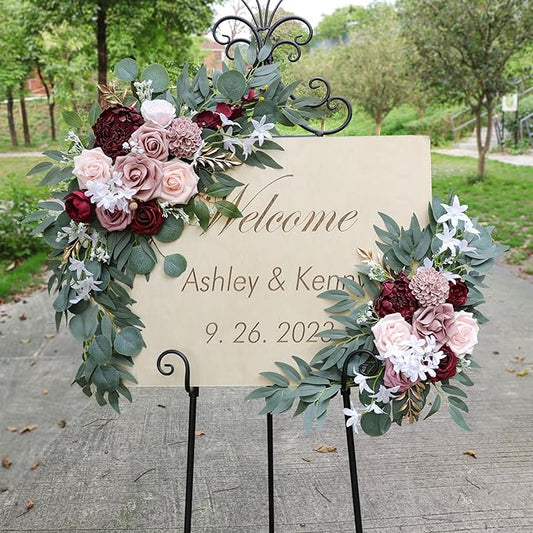 Ponatia Wedding Arch - Artificial Burgundy & Dusty Rose & Blush Flowers (Pack of 2) for Wedding Welcome Signs, Ceremony & Reception