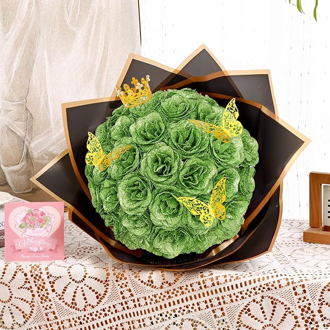 Waipfaru Glitter Roses Bouquet, DIY Green Fake Flowers Bouquet, Birthday Gifts for Women Mom, 24 Pcs Rose for Wife Girlfriend Valentines, Mothers Day, Graduation, St. Patrick's Day