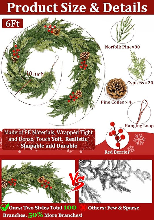 6 Ft by 10 Inch Prelit Christmas Garland with Lights Timer 8 Modes, Real Touch Norfolk Pine Garland 100 Pine Cypress Tips Pinecones Berried Cedar Garlands Thick Greenery Garlands for Home Table Mantle