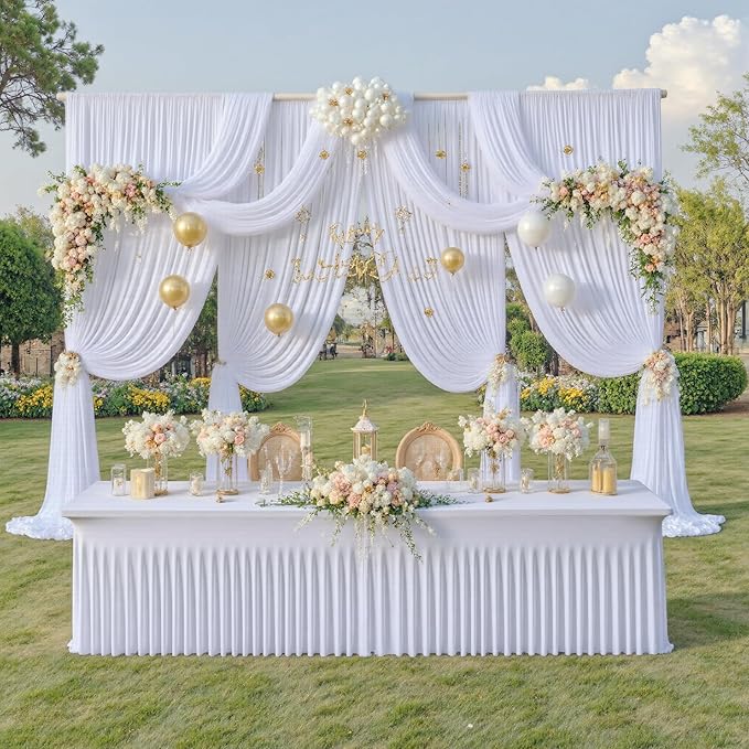 PartyVillage 40ft×15ft White Backdrop Curtain for Wedding Parties, 8 Panels Wrinkle Free 15 FT Long Polyester Photo Backdrop Drapes Back Drop Cloth for Birthday Photography Background
