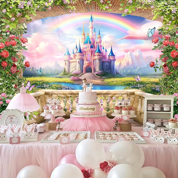 Riyidecor Pink Castle Backdrop Polyester Fabric Princess Flower Blossom Spring Floral Butterfly 7Wx5H Feet Fairy Fantasy Balcony Rainbow Photography Background Birthday Wedding Photo Studio Shoot