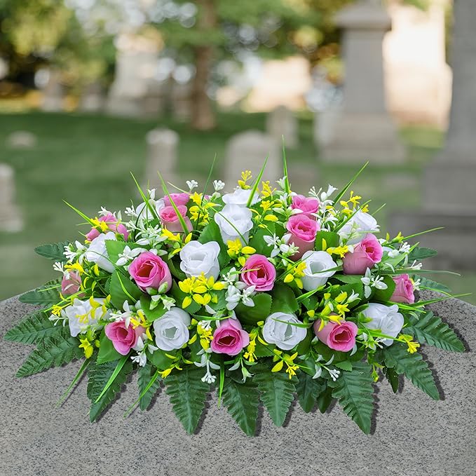 Artificial Cemetery Flowers Saddle-Shaped Tombstone Decorations Non-Fading UV-Resistant(Pink+White Saddle )