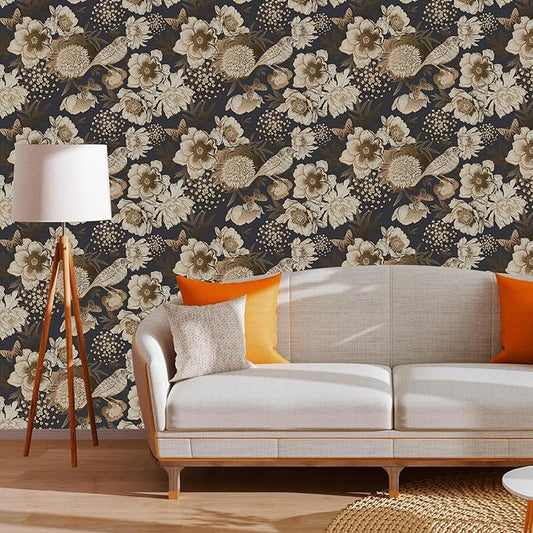 Floral & Birds Peel and Stick Wallpaper Antique Gold Dark Self Adhesive Removable Floral Wallpaper for Bedroom Renter Friendly Floral Contact Paper for Bedroom Bathroom Walls Shelf Liner 17.7"x236.2"