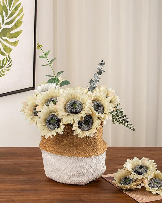 DuHouse 12pcs Artificial Sunflowers with Long Stems 5.5" Silk Sunflowers Bulk for Wedding Home Garden Outdoor Party Decoration(Beige)