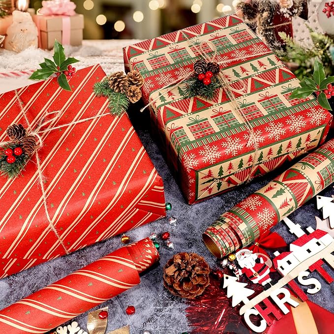 Panigkids Christmas Wrapping Paper(Including Jute Twine), 4 Rolls vintage wrapping paper with Geometric Stripes, Tree & Snowflakes Designs for Christmas Gift Wrap, Thanksgiving & Holiday & Party , 16.9'' x 16.4'