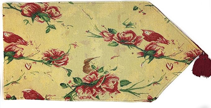 Tache Floral Red Roses Birds Golden Woven Table Runner - Vintage Tapestry Kitchen Dining Dinner Linens Cloth - 13 x 72 inches