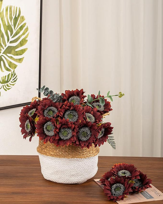 DuHouse 12pcs Artificial Sunflowers with Stems 5.5" Silk Sunflowers Bulk for Wedding Home Garden Outdoor Party Decoration(Red)