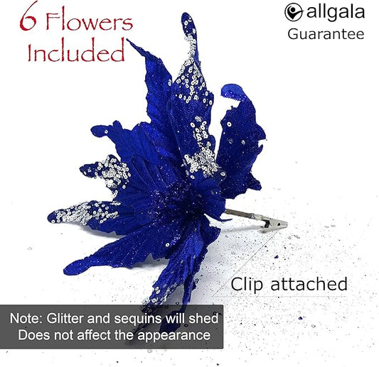 Allgala 6-PK Glitter and Sequin Decorated Fabric Poinsettia Artificial Christmas Flower with Clips-Royal Blue-XF93308
