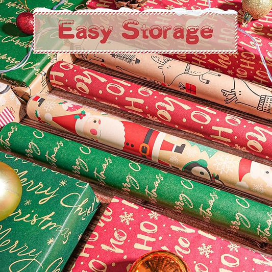 Happypapa Christmas Wrapping Paper, Kraft Xmas Wrapping Paper Rolls - Santa Claus, Gift, Reindeer and Merry Christmas Pattern - 4 Rolls - 17 Inch × 120 Inch Per Roll