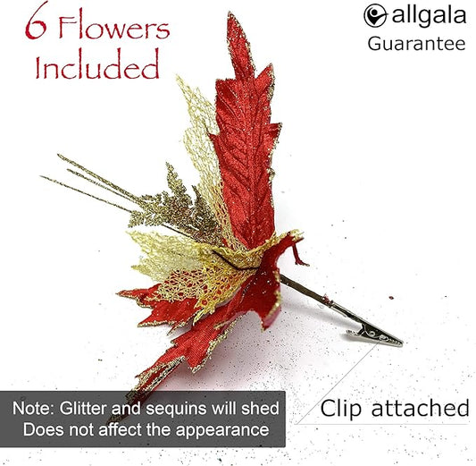 allgala XF93307 Glitter and Sequin Decorated Fabric Poinsettia Artificial Christmas Flower with Clips (Pack of 6, Red Gold)