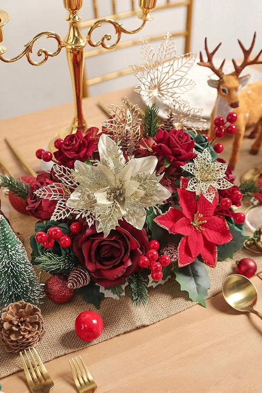 Artificial Christmas Flowers Mix Silk Flowers Fake Roses with Stems for DIY Bridal Bouquets Faux Flowers Centerpieces for Table Home Christmas Decorations