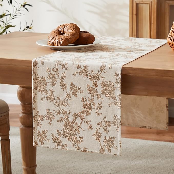 100% Cotton French Pastoral Table Runners, 13x36 Inch Brown Farmhouse Table Runners 36 Inches Long, Vintage Flowers Print Home Decors