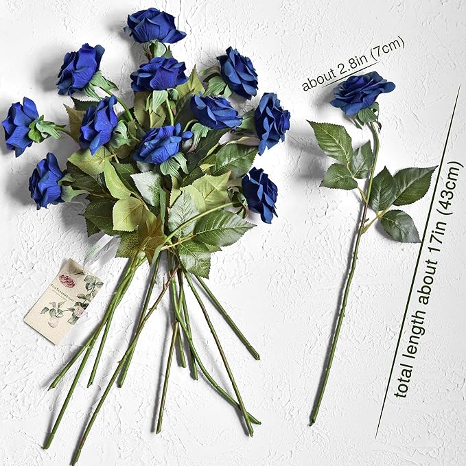 FiveSeasonStuff Silk Roses Artificial Flowers for Decoration, Home Decor Centerpiece for Tables, Wedding Bridal Bouquet of Flowers Real Touch Roses 12 Stems (Royal Blue)
