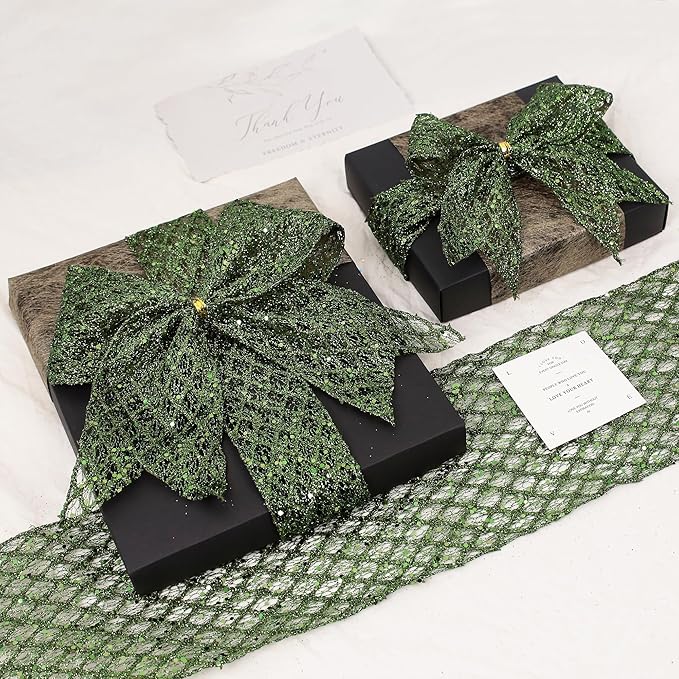 VATIN 6" Moss Green Christmas Ribbon, Green Glitter Mesh Diamond Web Sequin Dots Wired Christmas Ribbon for Gift Wrapping Bow Making Wreath Supply-10 Yards