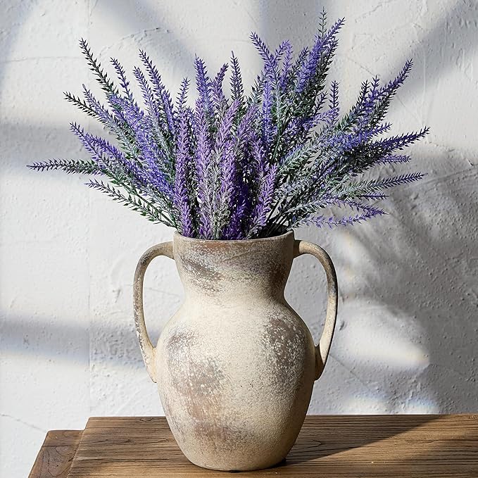 Antique Ceramic Rustic Vase with 2 Handles, Farmhouse Round Flower Vase, Vintage Terracotta Vases for Home Decor, Wedding, Living Room, Table, Shelf Decor - 8.6 Inch Tall, Terra