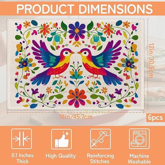 Colorful Bird Table Mats Set of 6,Mexican Style Non-Slip Washable Placemats for Restaurant Home Kitchen Dinner Table 12x18Inch