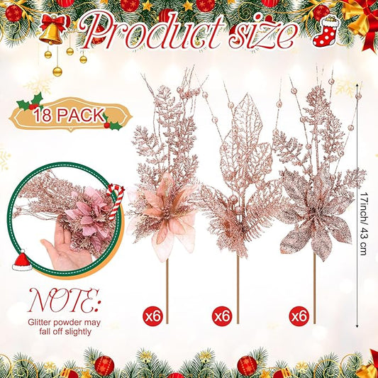 18 Pack 3 Styles 17 Inch Christmas Glitter Poinsettia Berry Stems Ornaments Artificial Floral Branches Picks for Christmas Tree Home Vase Holiday Party Decor(Rose Gold)