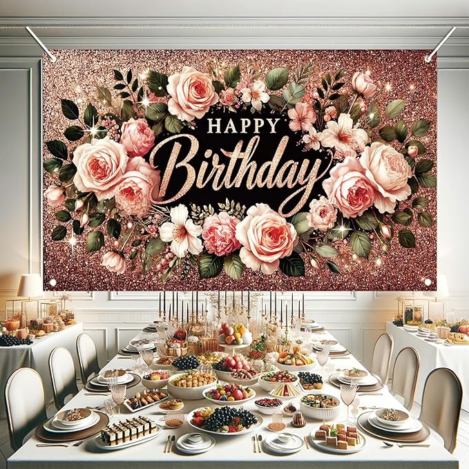 Happy Birthday Backdrop Banner Rose Gold Glitter Floral Photography Background for Women Girls Lady Wedding Baby Shower Birthday Supplies Photo Props Party Decorations Cake Table 6x4ft