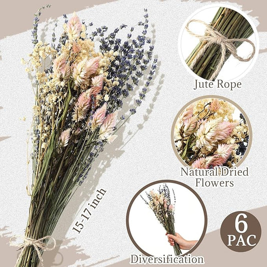 6 Pack Boho Dried Flowers Bouquet Large Size 15-17 Inch Wedding Handmade Dry Flowers Bundles for Vase Craft DIY Photo Boutonniere for Floral Plant for Bridesmaid Gift Birthday Decor(Lavender)