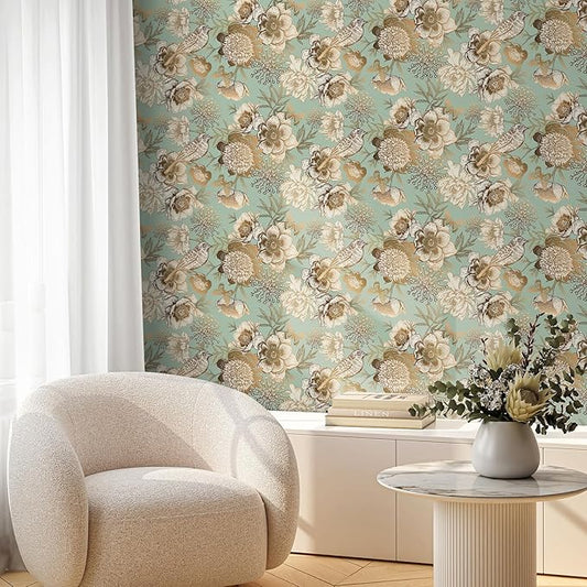 Decotalk Peel and Stick Floral Wallpaper Green Floral Flower Wallpaper Removable17.5x354 Inch Floral Wallpaper for Bedroom Bathroom Wall Green and Gold Vintage Floral Wallpaper Contact Paper Floral