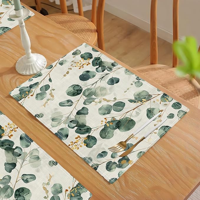 Leaves Placemats Set of 6 Eucalyptus Seasonal Watercolor Plants Table Mats Washable Place Mats for Home Party Indoor Kitchen Dining Table Decoration 12x18 Inch