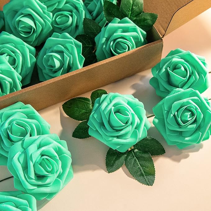 Artificial Flower Foam Rose 25pcs Real Looking Fake Rose with Stems Leaves for Home Decoration Party Garden Centerpieces DIY Wedding Bouquets(Tiffany)