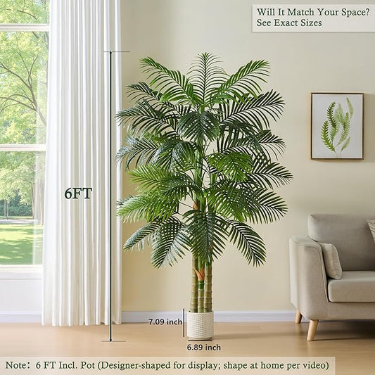 Artificial Golden Cane Palm Tree:6T Fake Large Tropical Areca Palm Trees Tall Faux Silk Plant in White Pot with Realistic Triple Textured Trunks for Office Outdoor Home Decor Hotel Patio Lobby