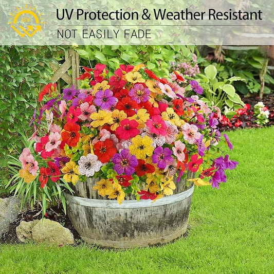 MACTING Artificial Flowers for Outdoors 12 Bundles Faux Outdoor Plants UV Resistant Fake Plastic Flowers No Fade for Planters Patio Porch Garden Home Indoor Outside Summer Decorations(Mix Color-2)