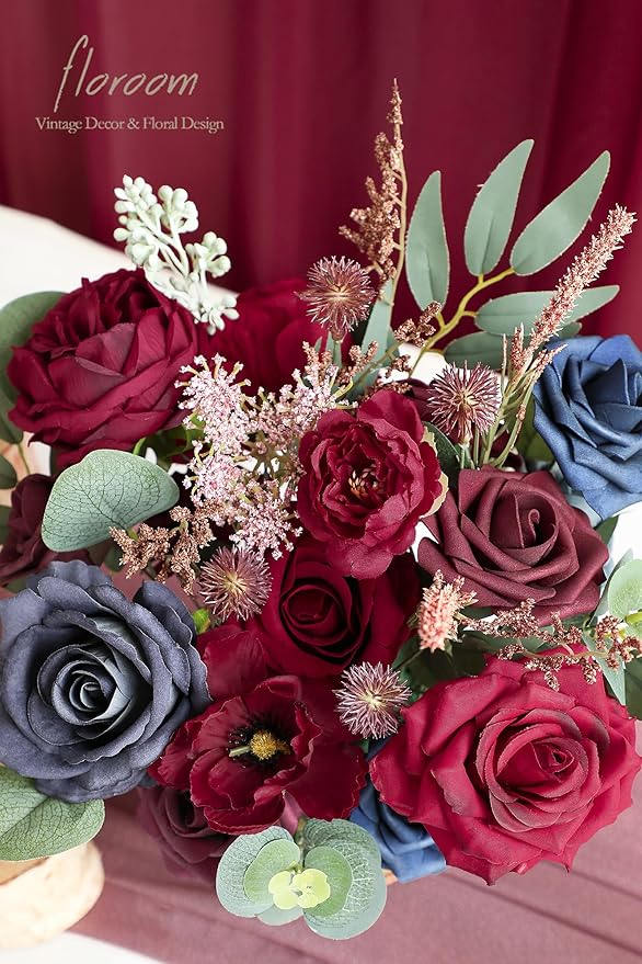 Floroom Burgundy Navy Blue Artificial Flowers Marsala Fake Roses Peonies Greenery Combo Box Set for DIY Dark Red Wedding Bouquets Bridal Shower Centerpieces Floral Arrangements Party Tables Decoration