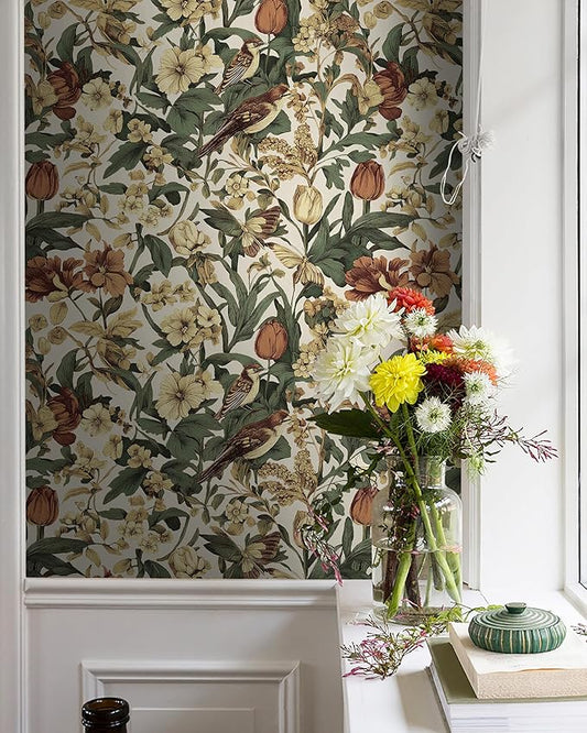 Erfoni 17.3" x 394" Birds Floral Peel and Stick Wallpaper Vintage Contact Paper for Livingroom Boho Floral and Leaf Self Adhesive Wall Paper Retro DIY Removable Wallpaper Vinyl Roll Beige