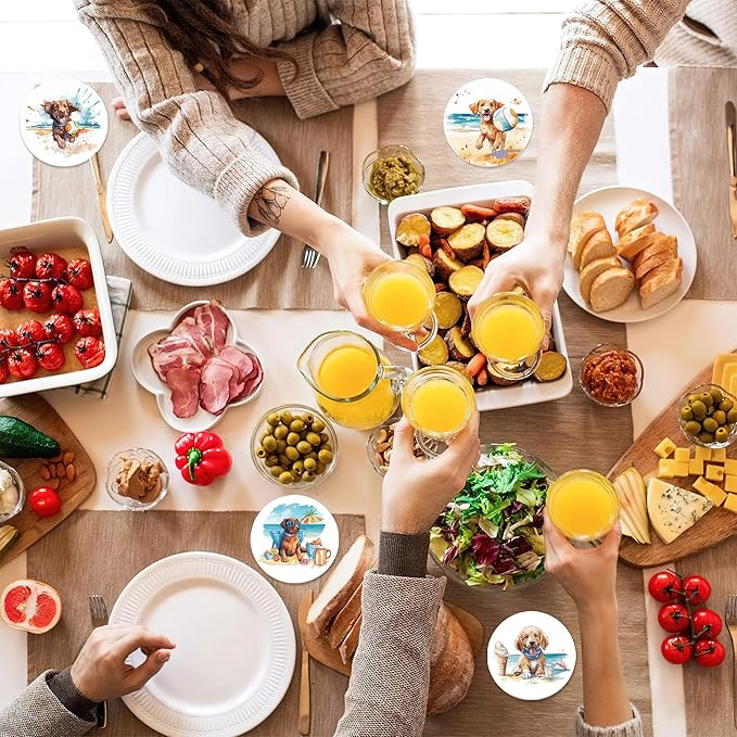 Drink Coasters with Holder,6 Pcs Dog Beach Absorbent Ceramic Drink Pads, Non-Slip Table Protectors for Coffee & Glasses