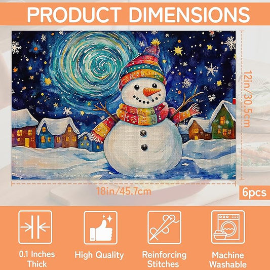 Christmas Snowman Table Mats Set of 6,Starry Night Moon Non-Slip Washable Placemats for Restaurant Home Kitchen Dinner Table 12x18Inch