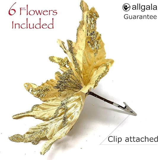 allgala 6-PK Glitter and Sequin Decorated Fabric Poinsettia Artificial Christmas Flower with Clips-Gold-XF93301