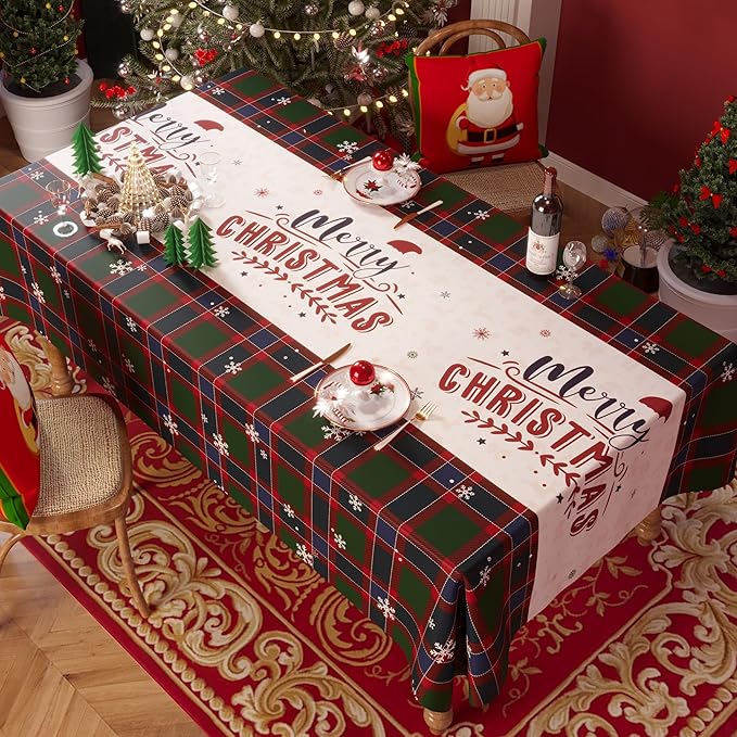 Christmas Rectangle Table Cloth,100% Waterproof Tablecloth,Christmas Decorations for Home, Vinyl Tablecloth Plastic Table Cover for Party,Picnic,Dining,Outdoor 54" x 84",Crimson Checked