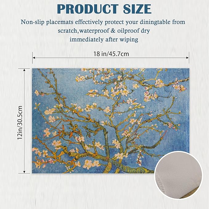 Blossoming Almond Tree Placemats Set of 4, Retro White Flower Place Mats Heat Resistant Washable Non-Slip Table Mats for Party Kitchen Dining Decor 12x18 Inch