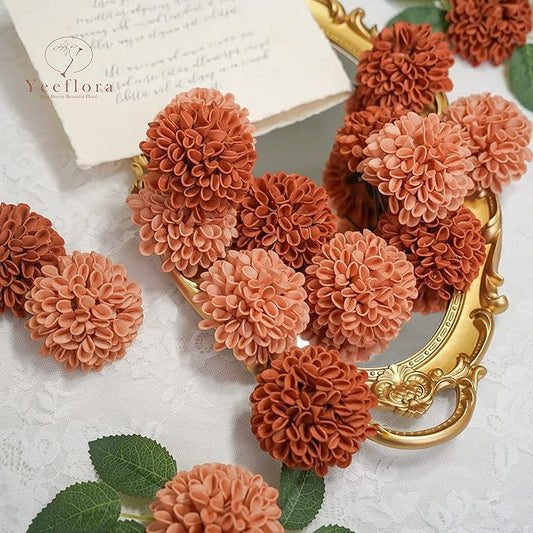 Artificial Flowers, 25pcs Rose for DIY Wedding Bouquets Centerpieces Arrangements, Terracotta Dahlia Flowers with Stem Bridal Shower Party Home Decorations