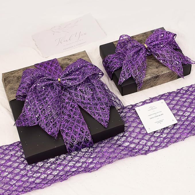 VATIN 2-1/2" Purple Christmas Ribbon, Purple Glitter Mesh Diamond Web Sequin Dots Wired Christmas Ribbon for Gift Wrapping Bow Making Wreath Supply-10 Yards