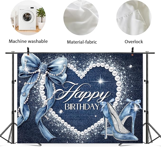 Denim and Diamonds Bow Backdrop 7Wx5H Photography Blue Coquette Happy Birthday for Women Girls Birthday Banner Background Silver High Heels Party Decorations Banner Photo Booth Props Supplies