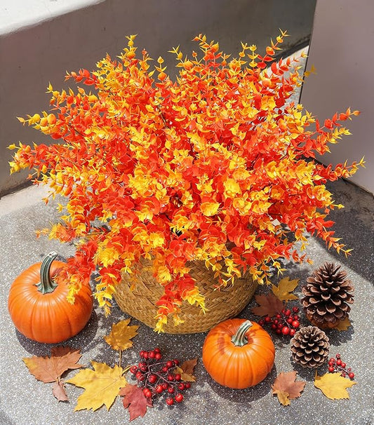 Artificial Fake Fall Autumn Eucalyptus Plants Flowers for Outdoor Outside Decoration, Faux Silk Orange Boxwood Look Real UV Resistant for Home Porch Patio Planter Decor,12 Bundles
