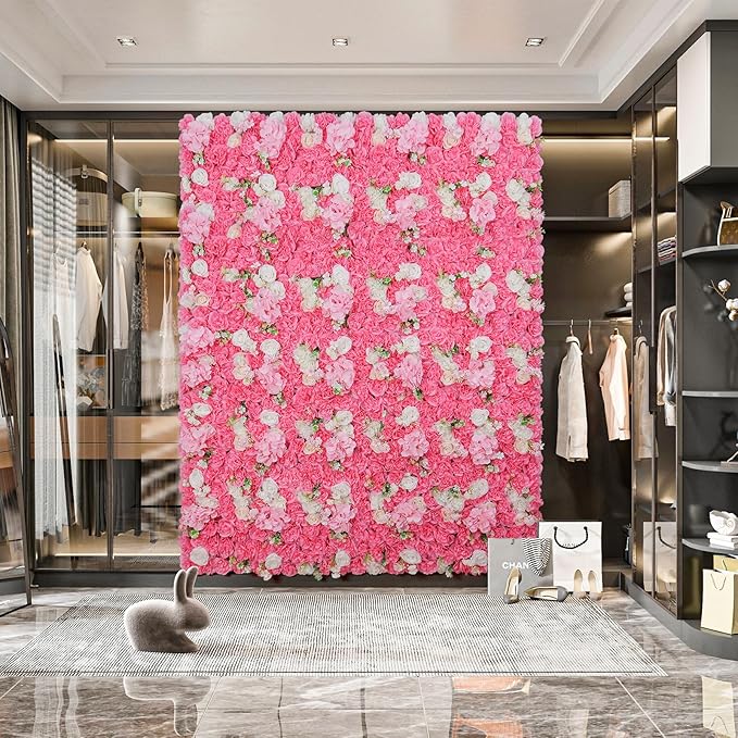 Artificial Flower Wall Panels - 12-Piece Set of 15x15 Inch Silk Roses Floral Backdrop Ideal for Wedding Celebrations, Festive Party Background and Elegant Home Decor -Pink