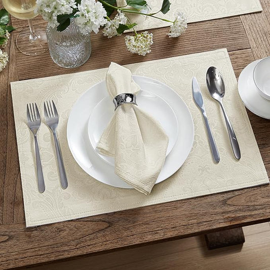 Elrene Home Fashions Caiden Elegance Damask Waterproof, Stain & Wrinkle Resistant Fabric Placemats (Set of 4), 13" x 19", Ivory
