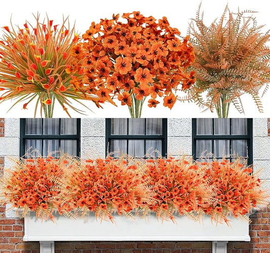 Uieke 72PCS Artificial Mums for Outdoors Fake Fall Outdoor Violet Flowers Orange Calla Lilly and Autumn Ferns No Fade for Outside Window Box Porch Planters Garden Decor